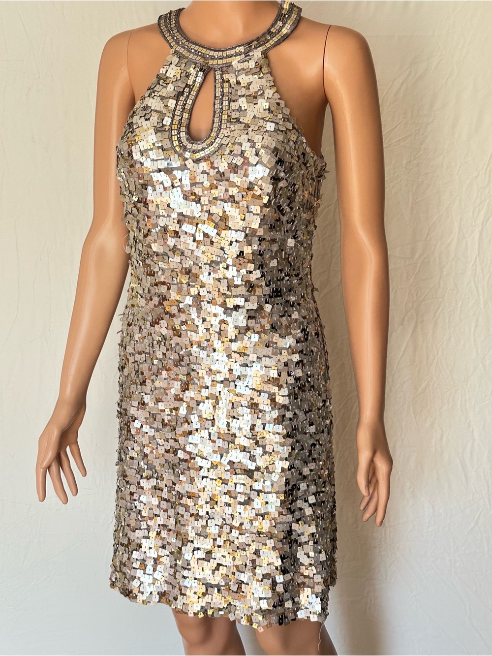 Sue Wong Gold Sequin Halter Mini Dress